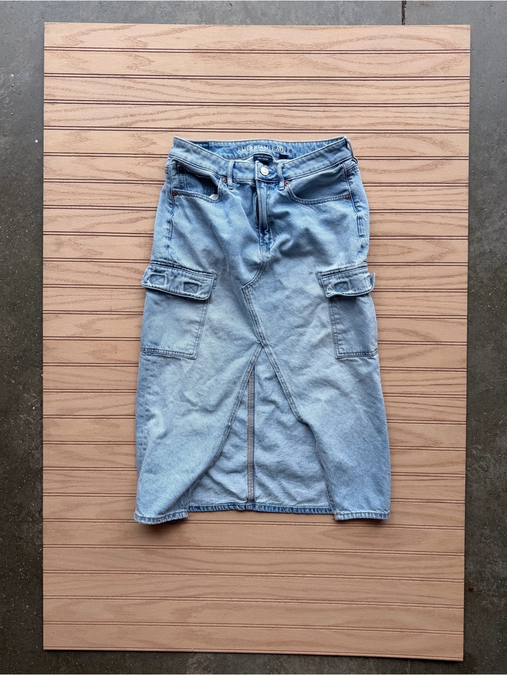 American Eagle Light Wash Denim Cargo Midi Skirt